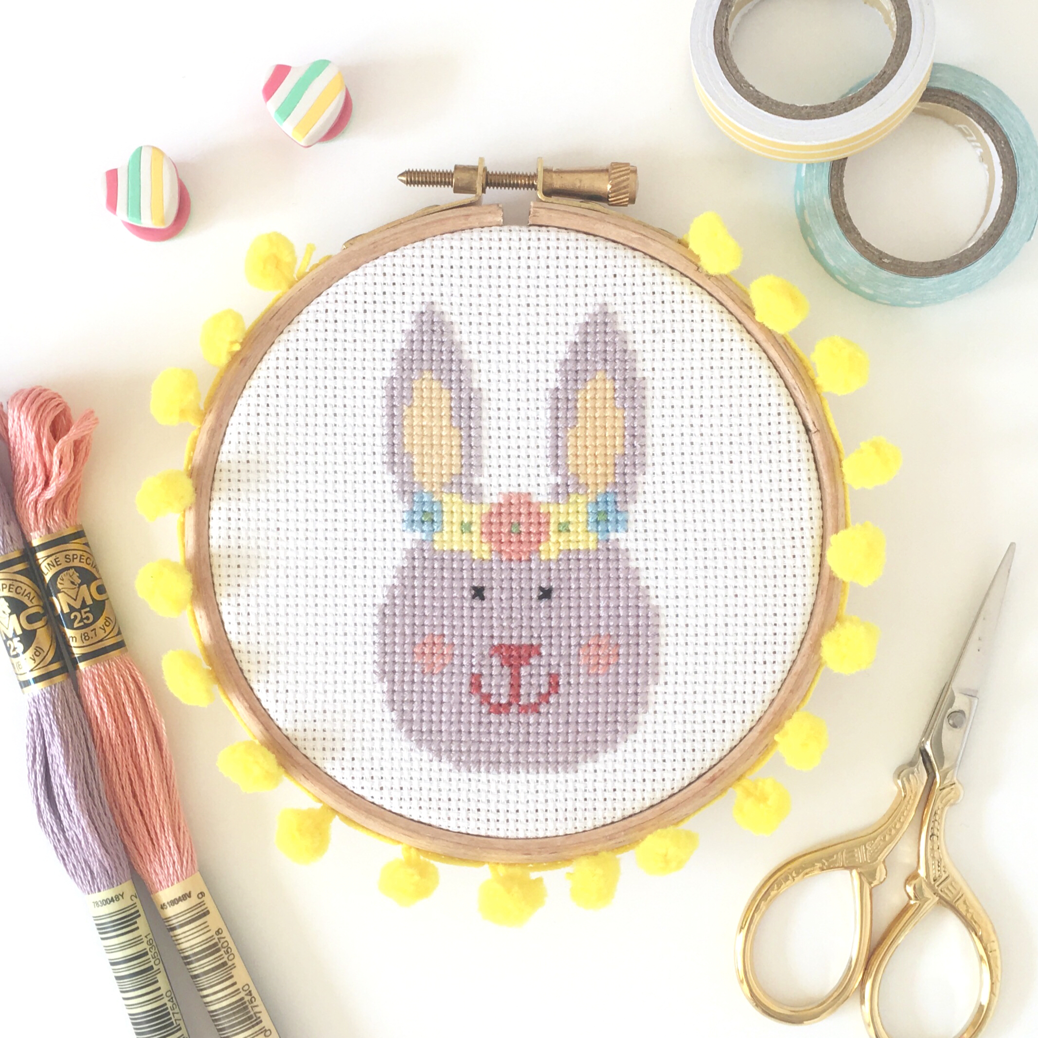 ,Handmade 14CT Printed Embroidery Kit Needlework Craft cici store DIY Counted Cross Stitch Kits for Beginners-Teacup Rabbit 2626CM
